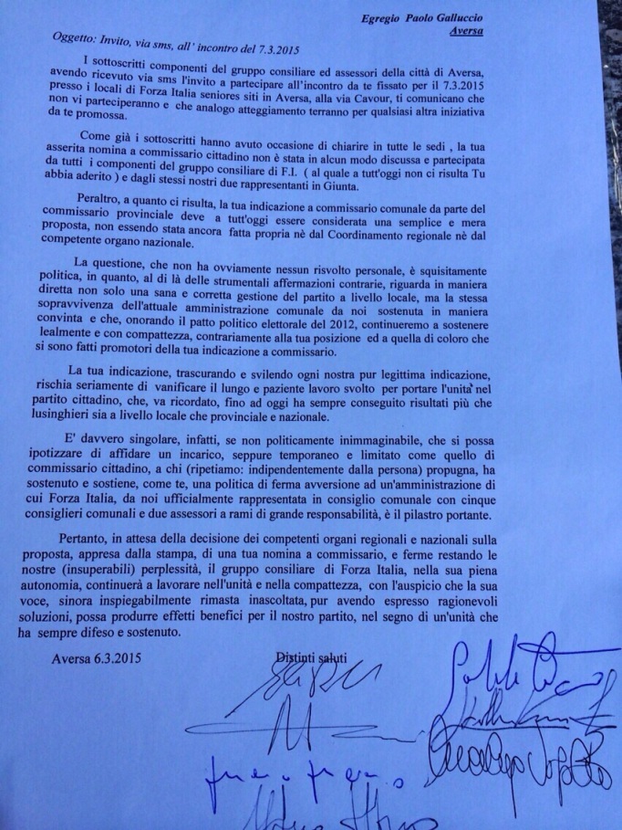 Aversa - Forza Italia, lettera a Galluccio dei lealisti