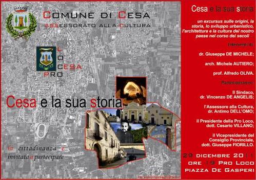 Giovedì 29 dicembre, iniziativa culturale “Cesa e la sua storia”