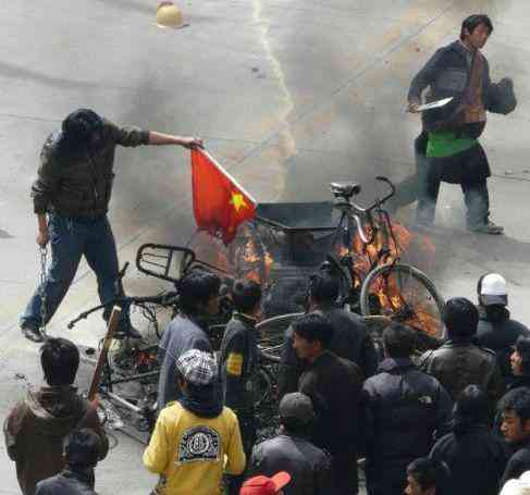 Manifestanti bruciano bandiera cinese (foto La Repubblica.it)